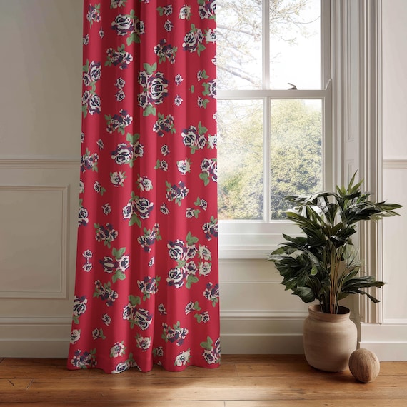 Rote Blumen Rosen Vorhang Panel, Vintage Cottagecore Fenstervorhänge, Romantische botanische Wohnkultur