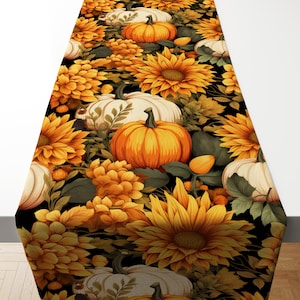 Camino de mesa con diseño de calabaza y girasol, decoración rústica de otoño, mantelería de otoño para Acción de Gracias, camino de mesa de estilo rústico negro, lino floral otoñal.