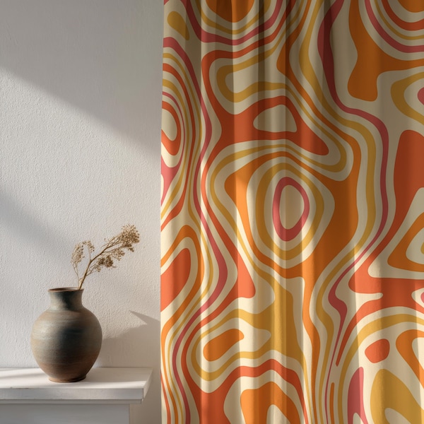 Retro Wavy Curtain – 70s Orange Psychedelic Window Drapes