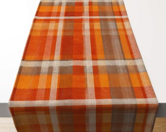 Orange Brown Plaid Table Runner, Rustic Fall Table Decor