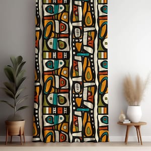 Mid Century Modern Tiki Abstract Geometric Tribal Print Curtain Panel, Colorful Retro Design for Living Room, Bedroom Decor, Modern Drape