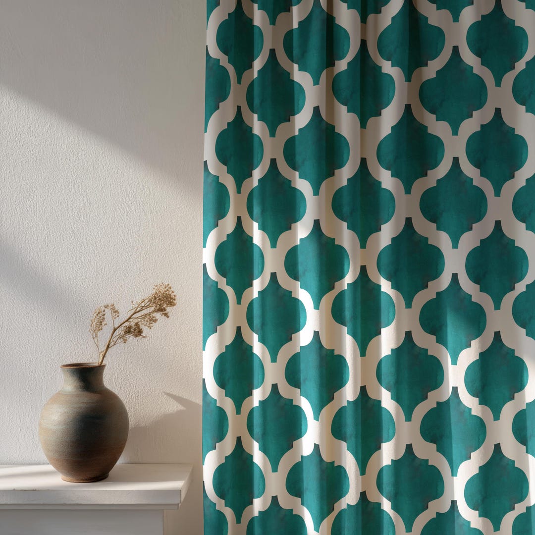 Teal Moroccan Trellis Curtain Panel, Modern Geometric Window Drapes ...