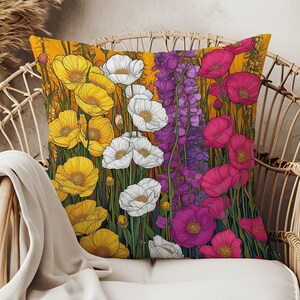 Colorful Floral Pillow Cover, Wildflower Garden Throw Cushion, Boho Botanical Spring Decor, Cottagecore Sofa Pillow, Colorful Floral Pillow