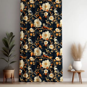 Bird Floral Curtain Panel, Japanese Style Drapes, Dark Botanical Window Treatment, Elegant Nature Decor, Custom Blackout Curtain, Home Decor