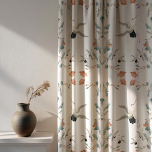 Cream Crane Bird Floral Curtain Panel, Chinoiserie Botanical Window Drapes, Vintage Asian Inspired Decor