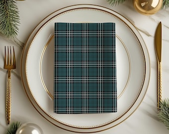 Green Tartan Plaid Cloth Napkins, Christmas Holiday Table Decor Dinner Party Setting