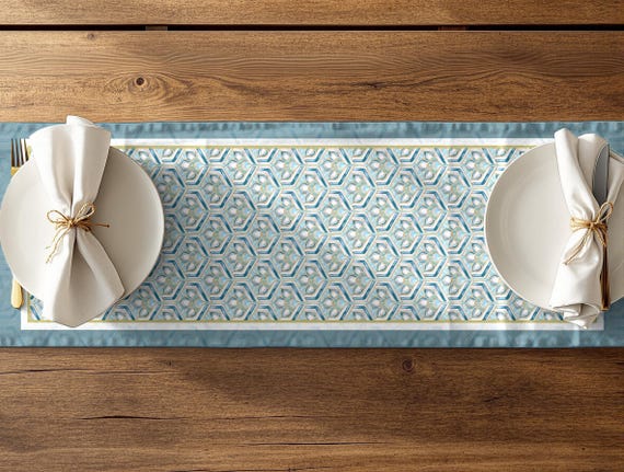 Aqua Blue Geometric Table Runner, Moroccan Honeycomb Print