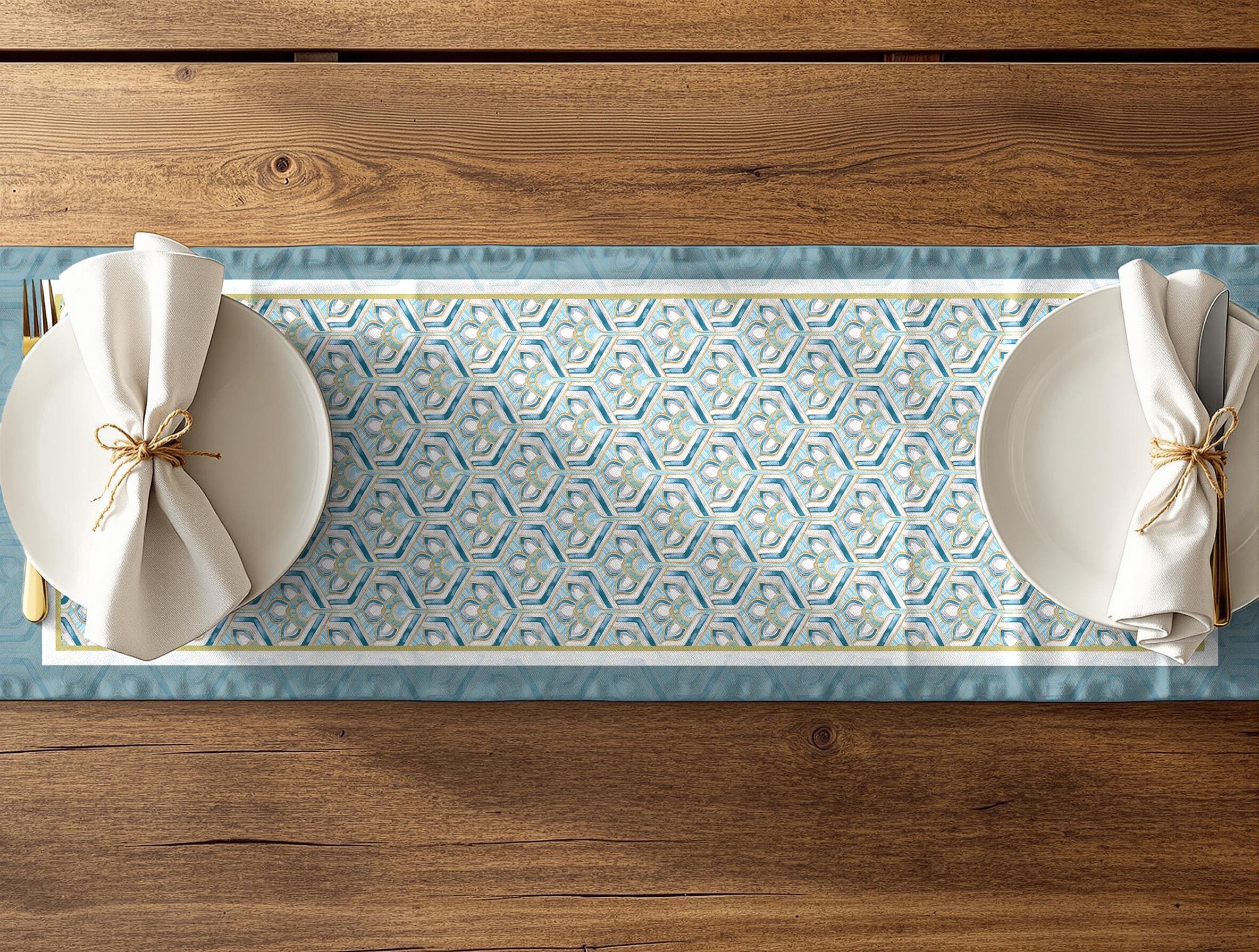 Aqua Blue Geometric Table Runner, Moroccan Honeycomb Print