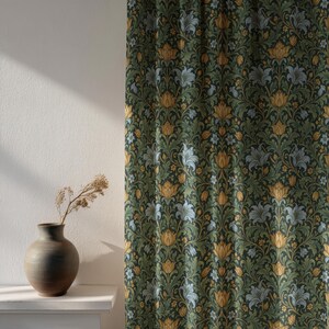 Dark Green Floral Curtain, Gold Blue Arts and Crafts Botanical Window Panel, Vintage Victorian Drapery for Living Room Bedroom