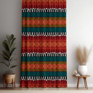 Tribal Boho Vorhang, ethnische afrikanisch inspirierte Fensterscheibe mit geometrischen und Blattmustern, kräftigen roten und türkisfarbenen dekorativen Vorhängen, Wohnkultur