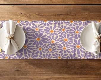 Lavendel Daisy Tischläufer, Retro Blumen Esszimmer Dekor, Lila Frühling Küche Tischwäsche, Cottagecore Bauernhaus Läufer
