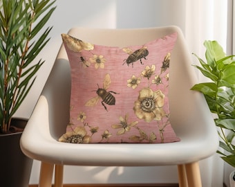 Funda de cojín con estampado de abeja, cojín con estampado floral, decoración estilo cottagecore