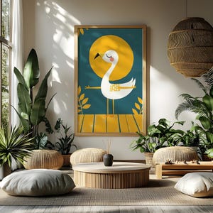Arte mural de pájaros elegantes / Impresión de cisnes caprichosos / Decoración bohemia minimalista / Póster digital divertido / Obra de arte de descarga instantánea