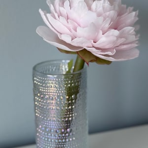 May include: A single pink peony flower in a clear glass vase with a textured iridescent surface.