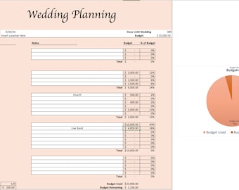 May include: A wedding budget planner showing categories like attire and ceremony, with a pie chart illustrating budget distribution. The total budget is £25,000.00, with sections for various expenses and a date of 20/09/24.