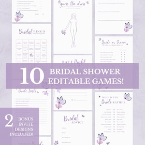A lifetime of butterflies Bridal shower games bundle, purple butterfly hens games, floral butterfly editable bachelorette games template