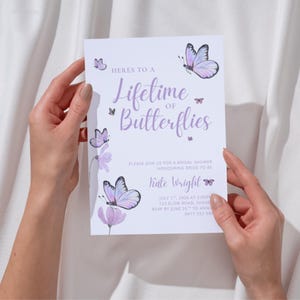 Una vita di farfalle Pacchetto di inviti per addio al nubilato, invito per brunch nuziale con farfalla viola, modello di invito modificabile con farfalla floreale