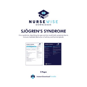 Op de afbeelding: Een printbaar document met de titel "Sjögren's Syndroom" met een blauw-wit logo voor NurseWise Downloads. Het document beschrijft het Sjögren's Syndroom als een syndroom dat droge ogen en een droge mond veroorzaakt, veroorzaakt door immuungemedieerde vernietiging van speekselklieren en traanklieren. Het document omvat twee pagina's en is beschikbaar voor directe download.