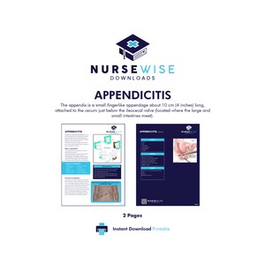 Puede incluir: Infografía imprimible de dos páginas sobre la apendicitis. La infografía incluye ilustraciones del apéndice, su ubicación en el cuerpo y un procedimiento quirúrgico. El texto describe el apéndice como un pequeño apéndice en forma de dedo de unos 10 cm (4 pulgadas) de largo, unido al ciego justo debajo de la válvula ileocecal. El texto también describe los síntomas, las causas y el tratamiento de la apendicitis.