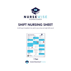 Op de afbeelding: Een printbare shift-verpleegblad-sjabloon met een blauw-wit ontwerp. Het blad bevat secties voor patiëntinformatie, vitale functies, medicijnen en andere belangrijke details. De sjabloon is ontworpen om verpleegkundigen te helpen hun patiëntenzorg effectief te documenteren.
