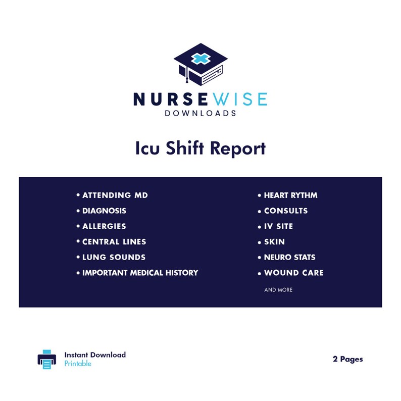 Printable NURSE Medical Icu REPORT SHEET Forms Medical History Nurse