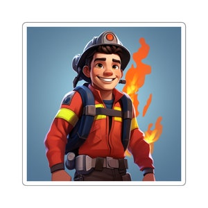 Square Sticker Cute Male Firefighter 2