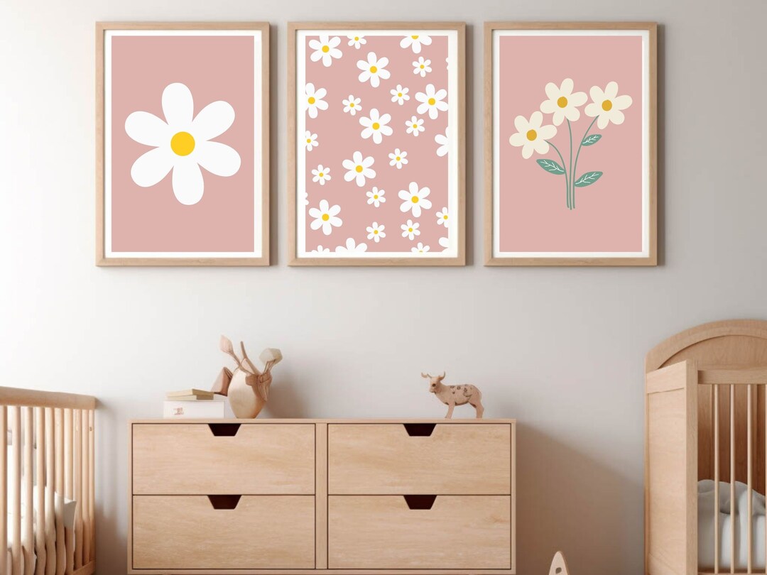 Daisy Wall Art, Pink Nursery Decor, Set of 6 Nursery Prints, Pink ...