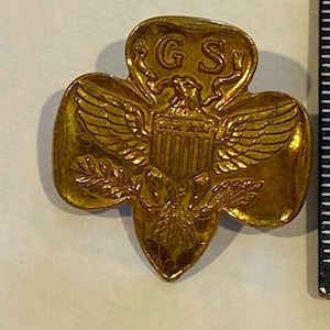 Vintage Girl Scouts Gold Ton Kleeblatt Logo Revers Schärpe Anstecknadel Adler Schild