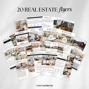 May include: A collection of 20 real estate flyers, featuring various property images and text. The flyers include phrases like "For Sale," "Just Listed," and "Open House." The top text reads "20 REAL ESTATE flyers."