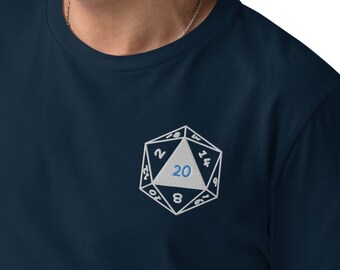 May include: A navy blue t-shirt with a white 20-sided die graphic. The die has a blue number 20 on it.