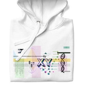 Op de afbeelding: Witte hoodie met een kleurrijk grafisch ontwerp met de letters "XY" en een DNA-streng. Het ontwerp bevat ook geometrische vormen en lijnen.