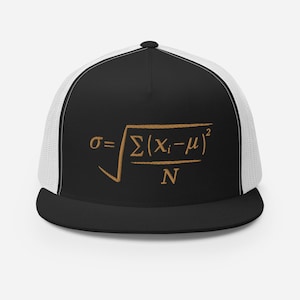 May include: Black and white trucker hat with a black front panel and a white mesh back. The hat features an embroidered brown mathematical formula on the front panel, including the square root symbol and other mathematical notations. The hat has a curved brim.