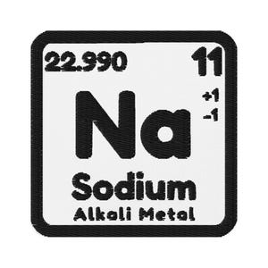 May include: A white square with a black border shows the periodic table element for sodium. The atomic number is 11, the atomic weight is 22.990, and the symbol is Na. The word "Sodium" is written below the symbol, and the words "Alkali Metal" are written below that.