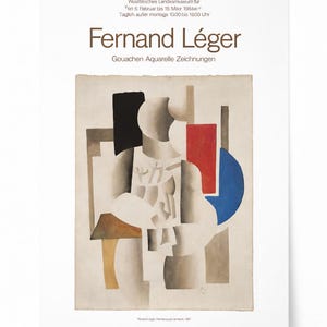 Può includere: Un poster per una mostra di Fernand Léger. L'opera presenta forme geometriche in nero, rosso, blu e beige. Il testo include il nome dell'artista e i dettagli della mostra.