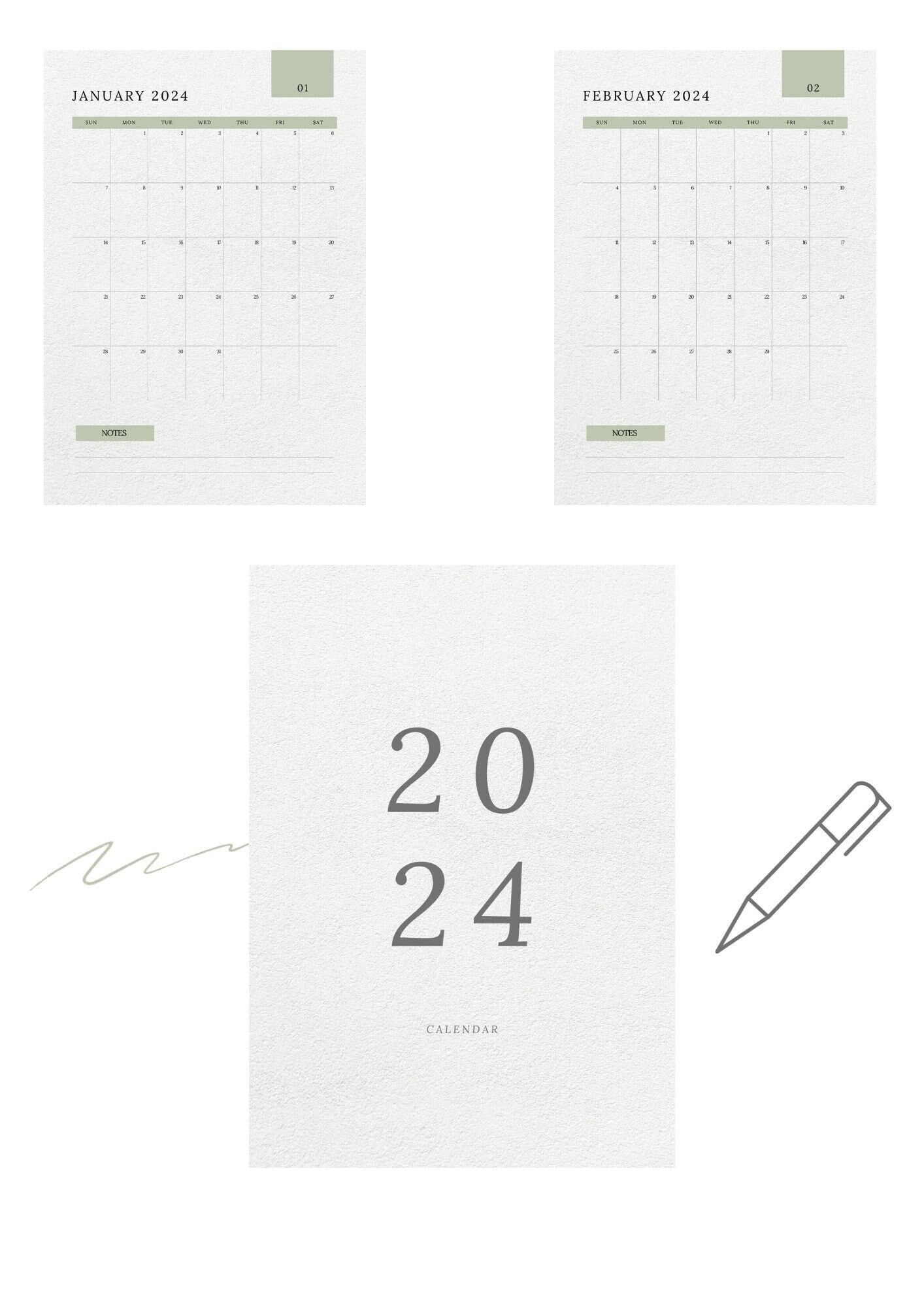 PRINTABLE 2024 Calendar, Digital PDF Instant Download, Monthly Planner ...