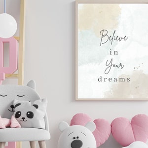 Cartel infantil, Cartel digital, Arte imprimible, Cree en tus sueños, Beige