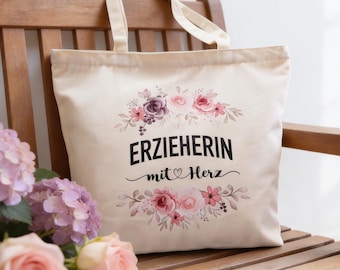 Geschenk für Erzieherin, Stofftasche mit Aufdruck "Erzieherin mit Herz", Beutel aus Canvas Stoff – Abschiedsgeschenke für Erzieher