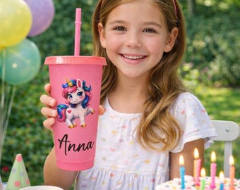 Gobelet licorne personnalisé pour filles | Couvercle avec paille et prénom | Sans BPA | 710 ml | Cadeau idéal pour les anniversaires d'enfants | Licorne | 710 ml