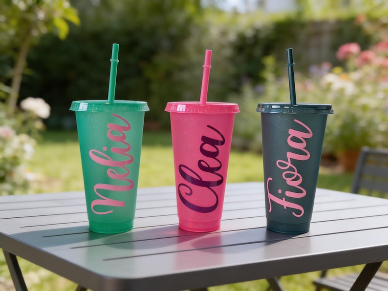 Puede incluir: Tres vasos de pl&aacute;stico reutilizables con tapas y pajitas en verde, rosa y gris oscuro. Cada vaso tiene un acabado brillante y un nombre personalizado en letra cursiva: Nelia en el vaso verde, Clea en el rosa y Fiora en el vaso de color gris oscuro.