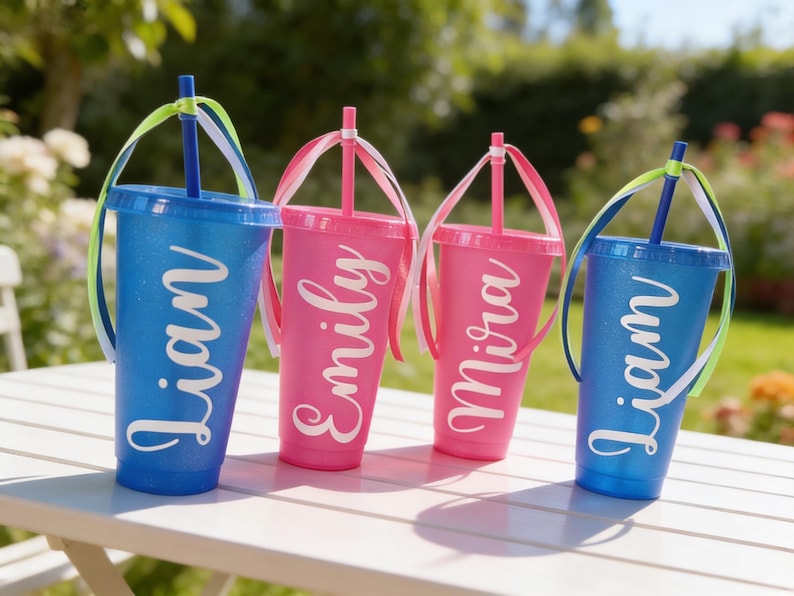 Puede incluir: Cuatro vasos de pl&aacute;stico con purpurina, tapas y pajitas, cada uno con un nombre personalizado en letras blancas. Dos vasos azules llevan el nombre Liam, mientras que dos vasos rosas llevan los nombres Emily y Mira. Pajitas decoradas con cintas.