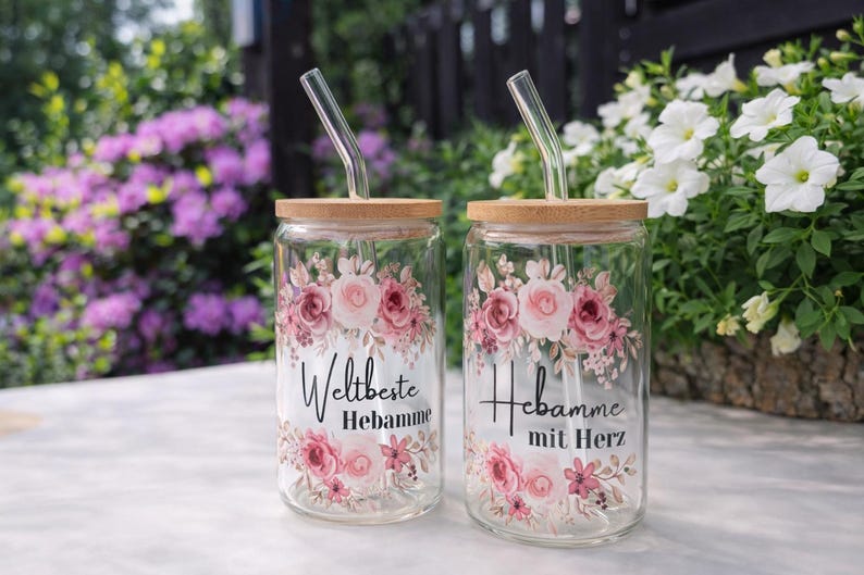 May include: Two clear glass tumblers with bamboo lids and bent glass straws. Each glass features a floral design with pink roses and green leaves. The left glass displays the text Weltbeste Hebamme, and the right glass displays Hebamme mit Herz.