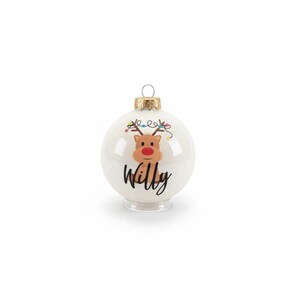 May include: A white Christmas bauble featuring a reindeer face and the name "Willy" in black script. The reindeer has a red nose and brown antlers. Multicoloured lights are above the reindeer's head. The bauble has a gold-coloured metal cap.