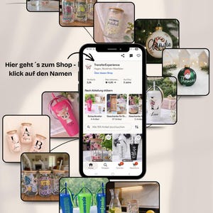 以下が含まれることがあります： TransferExperienceのEtsyショップインターフェースを表示したスマートフォン画面と、名前や花柄がデザインされたパーソナライズ済みのガラス製タンブラー、ストロー付きプラスチックカップ、クリスマスオーナメントのコラージュ画像。