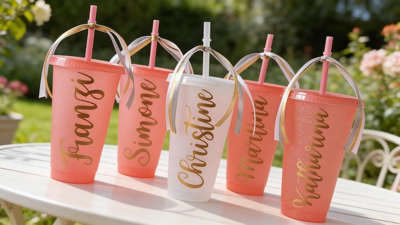 Puede incluir: Cinco vasos de pl&aacute;stico reutilizables con tapas y pajitas, cuatro en coral y uno en blanco, con acabado brillante y letras doradas en cursiva que dicen Franzi, Simone, Christine, Martina y Katharina, decorados con cintas atadas.