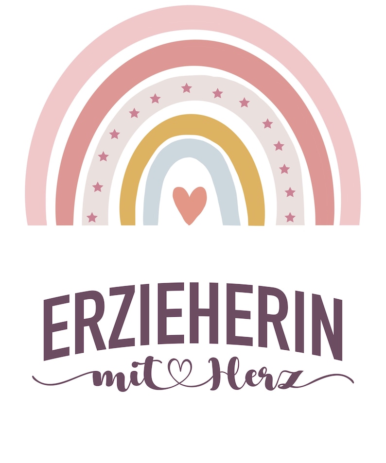 May include: A graphic design featuring a stylized rainbow with bands of pink, yellow, and light blue, accented by small pink stars and a central heart. Below the rainbow, the text reads ERZIEHERIN mit Herz in dark purple lettering.