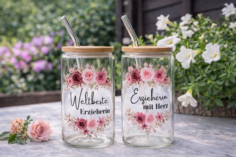 Op de afbeelding: Twee doorzichtige glazen met bamboe deksels en metalen rietjes. Elk glas heeft een bloemmotief in roze en bordeauxrode tinten. Op het linkerglas staat "Weltbeste Erzieherin" en op het rechterglas "Erzieherin mit Herz" in zwarte letters.