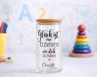 Cadeau pour un professeur : verre avec couvercle en bambou et paille en verre, personnalisable - Quelle chance d'avoir un professeur comme vous !