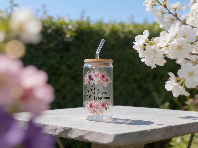 May include: A clear glass tumbler with a bamboo lid and a glass straw. The glass features a floral design in shades of pink and purple, with the black text "Weltbeste Hebamme" printed in the center between the floral arrangements.