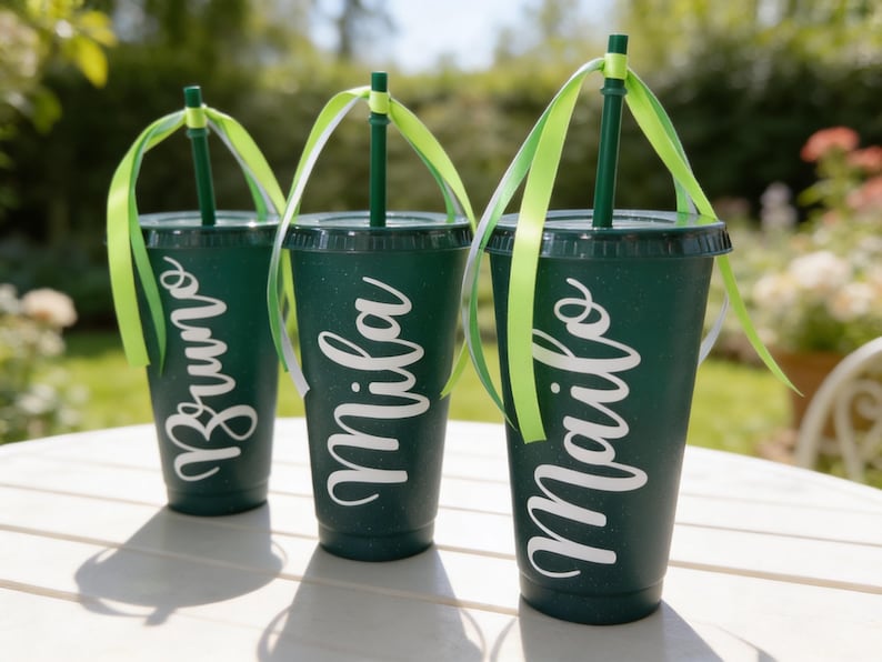 Puede incluir: Tres vasos de pl&aacute;stico verde oscuro moteado con tapas y pajitas a juego. Cada vaso tiene un nombre impreso en blanco con letra cursiva: Bruno, Mila y Mailo. Una cinta de color verde lima est&aacute; atada en la parte superior de cada pajita.