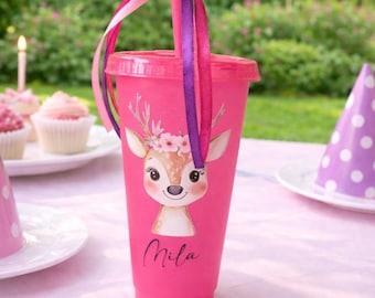 Gobelet pailleté personnalisé pour filles | Gobelet avec couvercle et paille, sans BPA | Cadeau d'anniversaire pour enfants | Gobelet d'anniversaire pailleté